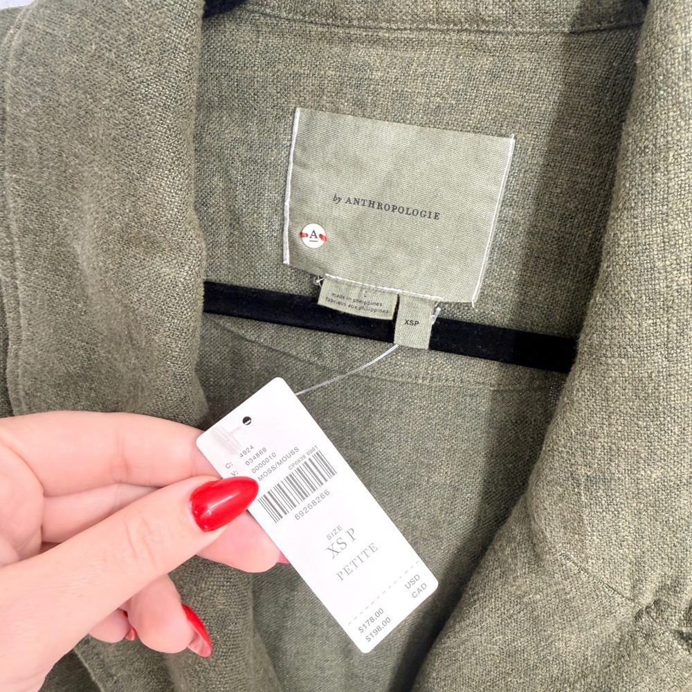 Anthropologie Moss Green Linen Blend Sleeveless Trench Vest Petite XSP New - Picture 3 of 7